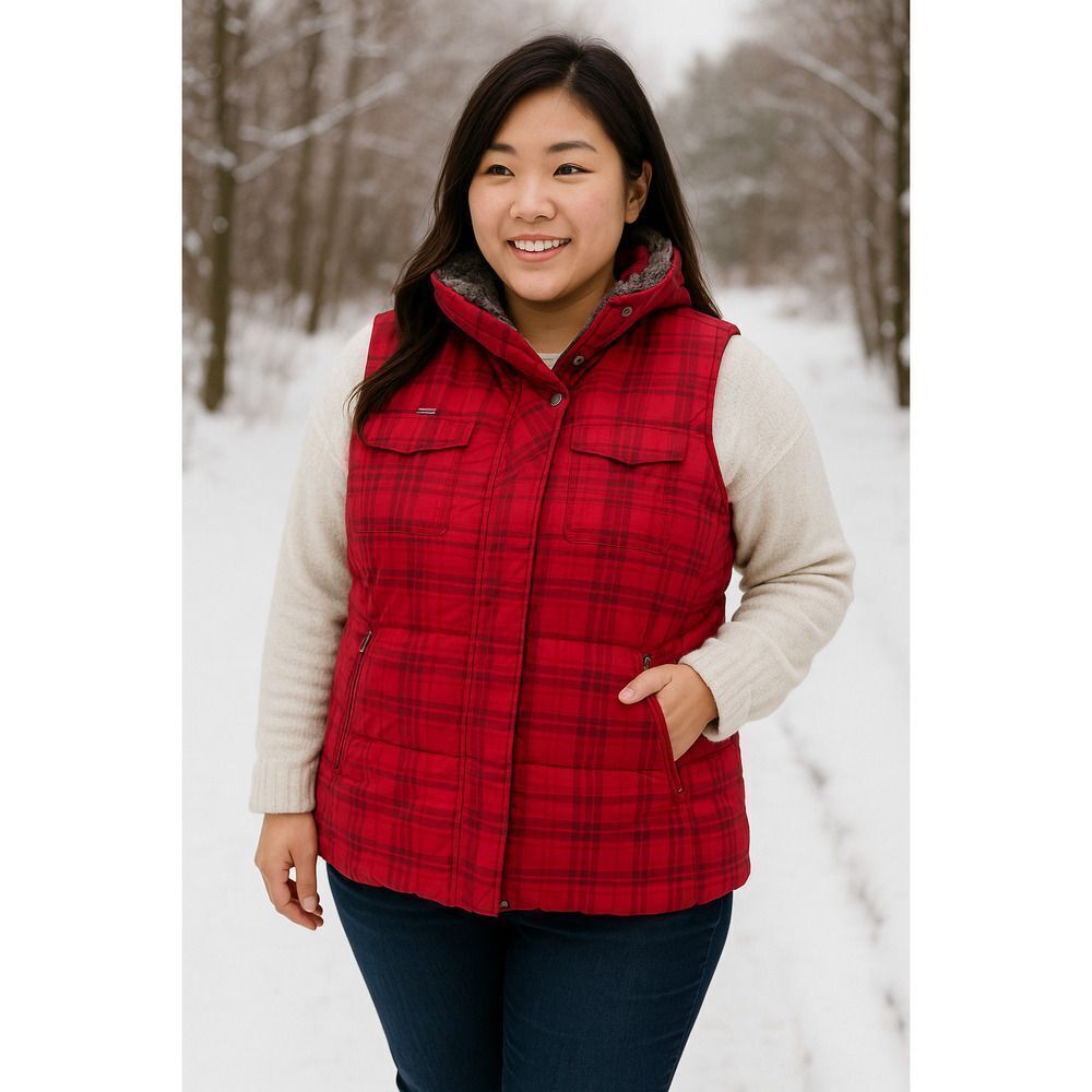 Columbia Red Plaid Down Vest Women’s L Faux Fur Collar Gorpcore Cozy Pocket Flaw
